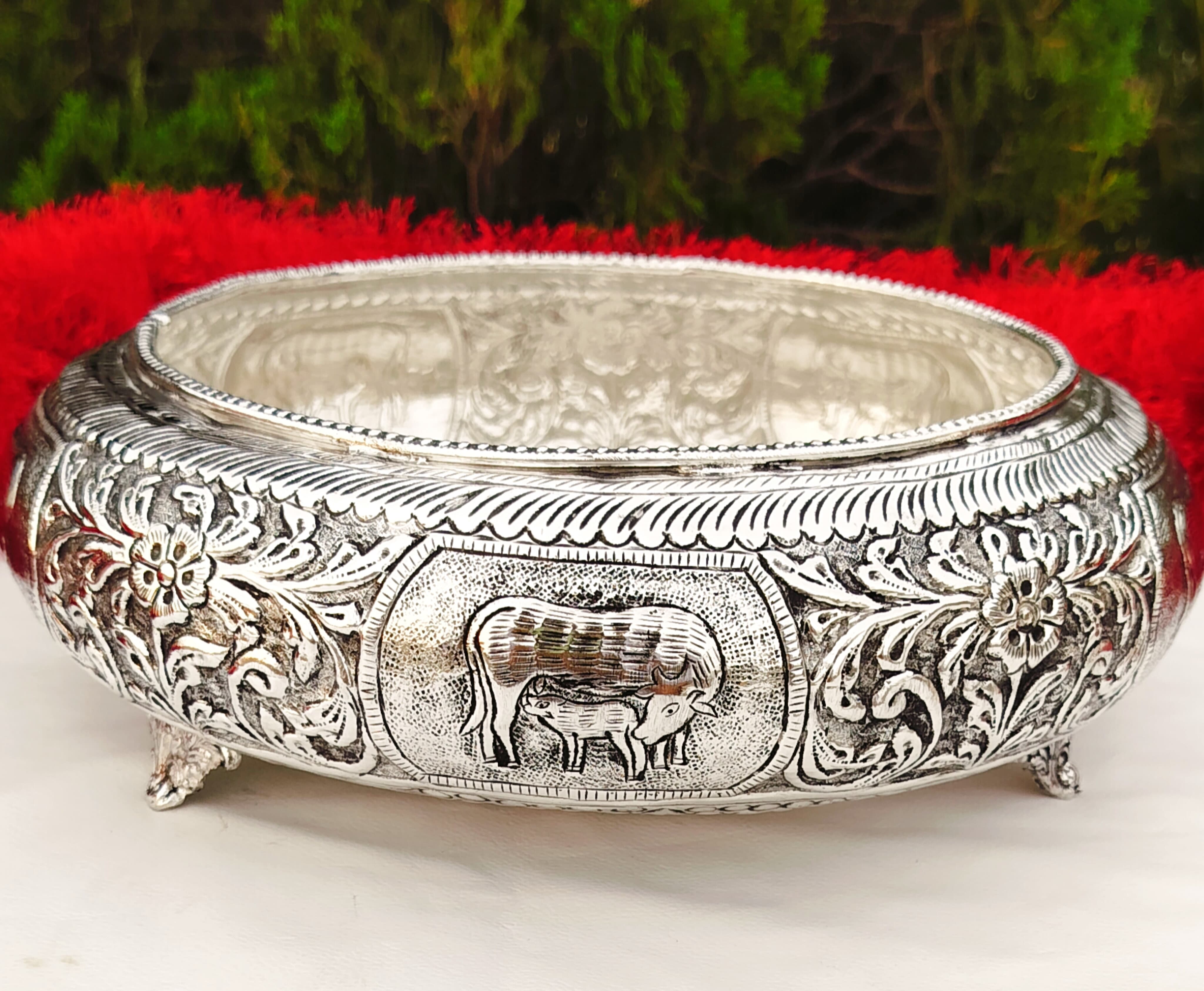 German silver cow and calf decorative bowl/urli with legs